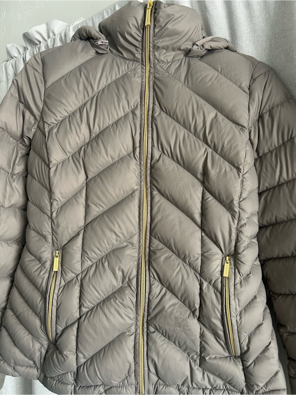 Michael Kors Taupe Chevron Quilted Puffer Jacket